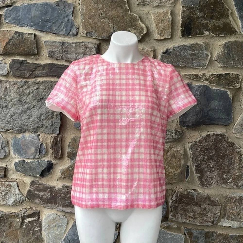NWT J.Crew Pink Gingham Sequin Top size small